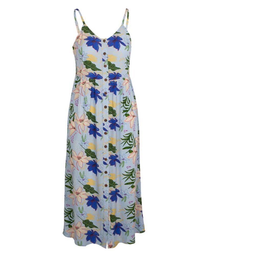 Natural Reflections Womens Size XL Tropical Midi Dress Skyway Blue Floral Button